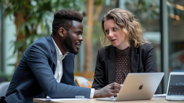 Um jovem e uma jovem estão sentados em uma mesa em um espaço de escritório moderno eles estão olhando um para o outro e sorrindo a mulher está segurando um laptop