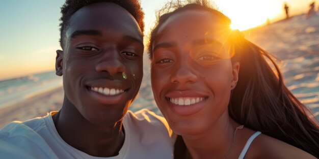 Um jovem e uma jovem estão sorrindo para a câmera em uma praia