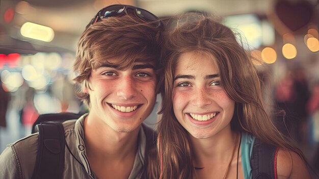 Um jovem e uma jovem estão sorrindo para a câmera.