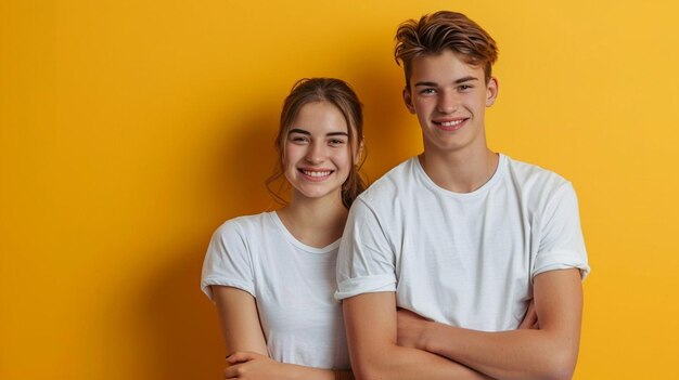 Um jovem e uma menina posam para uma fotografia em camisas brancas em um fundo amarelo