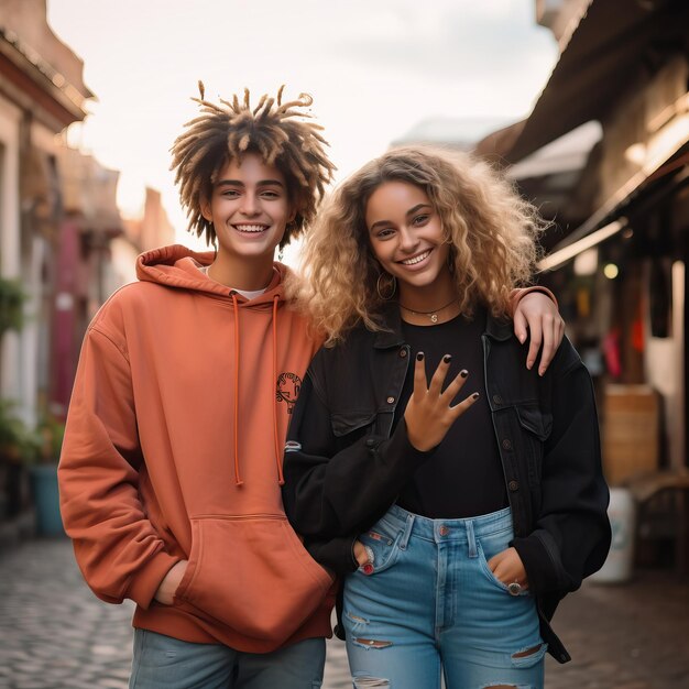 um jovem e uma mulher posando para uma foto em uma rua