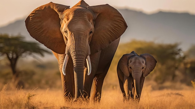 Um jovem elefante ao lado de um adulto