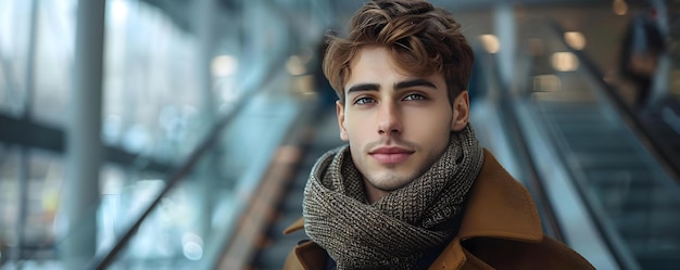 Um jovem elegante em trajes de tempo frio de moda posando em um espaço limpo Conceito Fotografia de Moda Estilo Homem39s Moda de Inverno Trajes de moda Fonte limpa