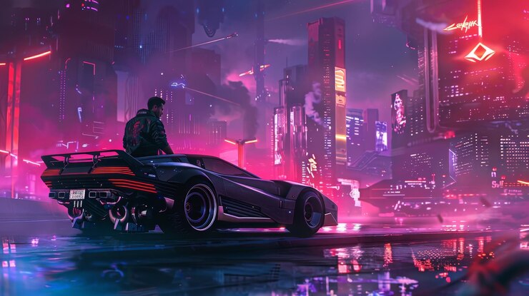 Foto um jovem em ben39pao ao lado de um veículo de alta tecnologia sob os tons coloridos de um céu noturno o fundo de estilo cyberpunk com luzes de néon e estruturas avançadas cria uma cena imersiva vívida