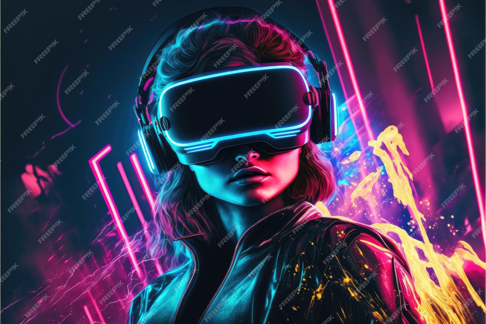 Foto de Jovem Mulher Menina Gamer Segurar Vr Headset Ar Óculos Inovadores  Relógio 3d 360 Jogo De Vídeo Jogar Em Futurista Roxo Luz Neon Realidade  Aumentada Virtual Conceito De Tecnologia Closeup Vista