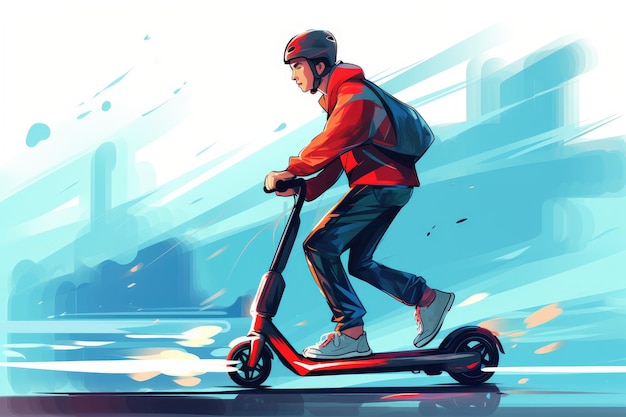 Foto um jovem em um desenho animado de scooter elétrico gerado por ia