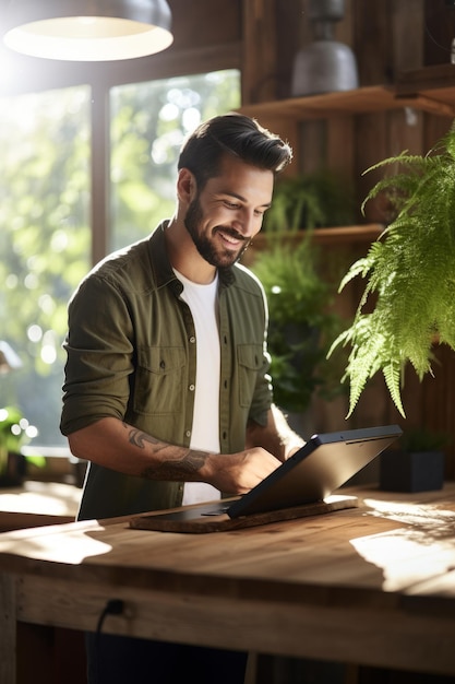 Foto um jovem em uma mesa de pé feita de madeira reciclada criada com tecnologia de ia generativa