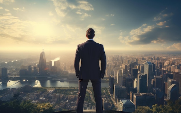 Um jovem empreendedor dinâmico está confiante no topo de um edifício imponente