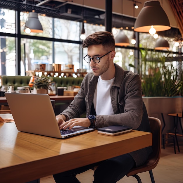 Um jovem empreendedor trabalha num portátil num café