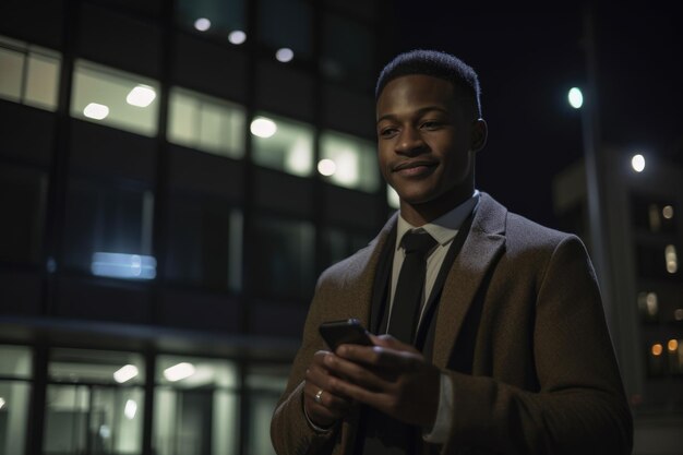 Um jovem empresário africano-americano executivo usando telefone celular com fundo de prédios de escritórios modernos à noite Generative AI AIG18