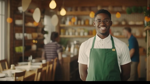 Um jovem empresário africano sorridente a usar um avental encostado ao balcão do seu café moderno.