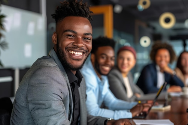 Um jovem empresário afro-americano confiante sorri calorosamente em uma reunião profissional na sala de reuniões do escritório, exalando carisma e determinação