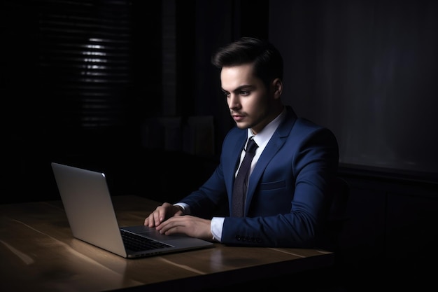 Um jovem empresário bonito sentado à mesa e usando seu laptop criado com IA gerativa