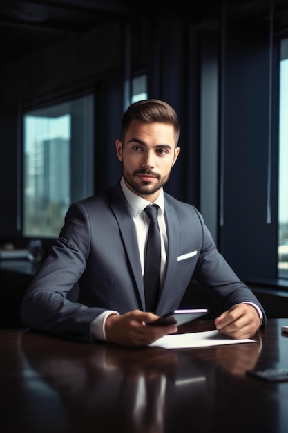 Um jovem empresário bonito sentado em sua mesa usando um tablet digital criado com IA generativa