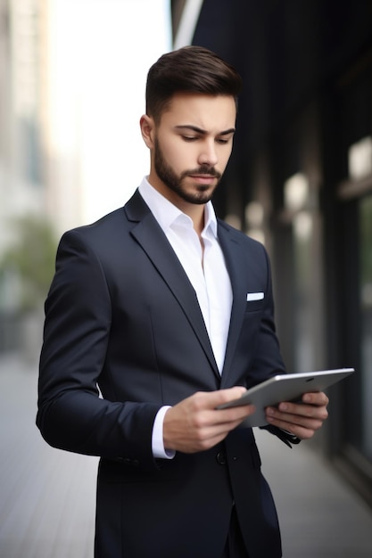 Um jovem empresário bonito usando seu tablet digital criado com generative ai
