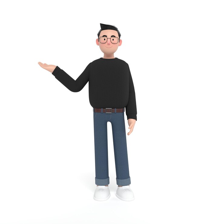 Um jovem empresário criativo de pé com os braços cruzados em um suéter preto está apontando para o lado esquerdo da imagem3D Render