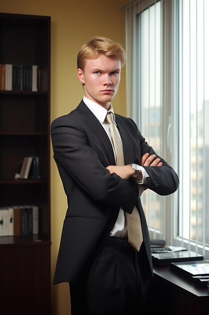 Um jovem empresário de pé em seu escritório com as mãos atrás das costas, criado com generative ai