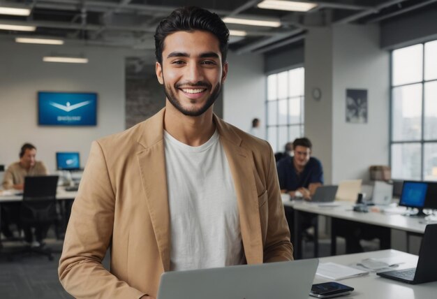 Um jovem empresário em trajes casuais trabalhando em seu laptop em um espaço de escritório vibrante seu amigável