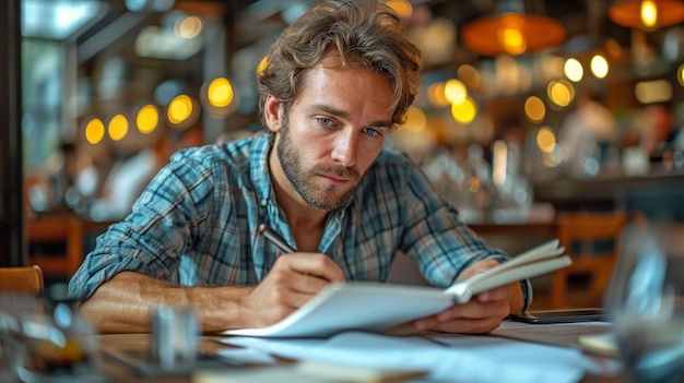 Foto um jovem empresário esgotado a anotar notas com o seu caderno.