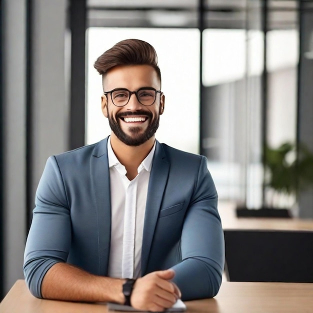 Um jovem empresário sorridente e confiante olhando para a câmera de pé no escritório, elegante e elegante.