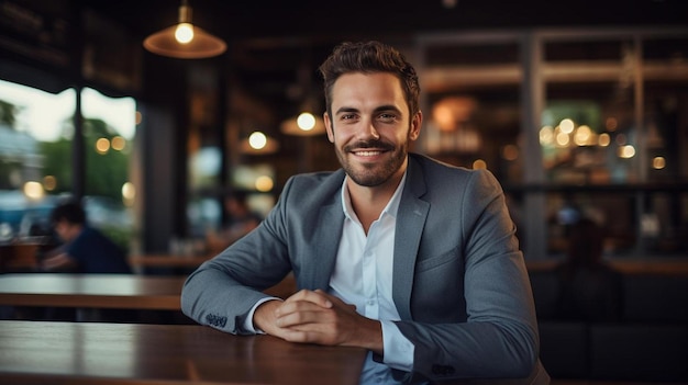 Foto um jovem empresário sorridente sentado num café.