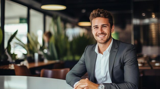 Foto um jovem empresário sorridente sentado num café.