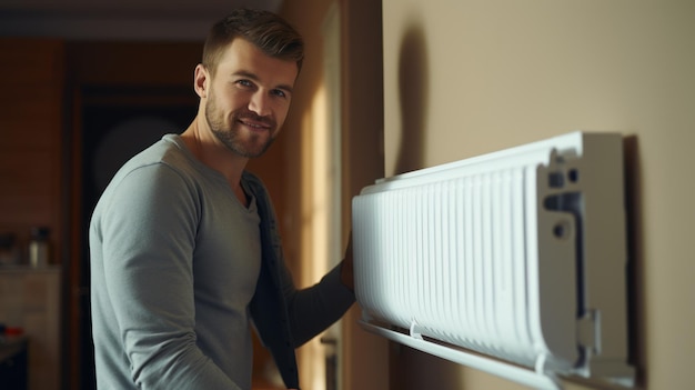 Um jovem encanador profissional bonito instalando um radiador de aquecimento em uma sala vazia de um apartamento ou casa recém-construído Conceito de manutenção e reparo de construção