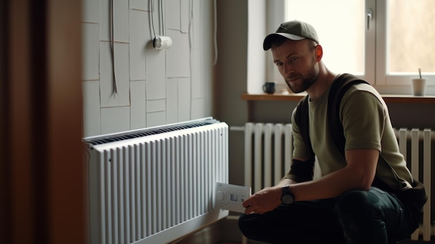 Um jovem encanador profissional bonito instalando um radiador de aquecimento em uma sala vazia de um apartamento ou casa recém-construído Conceito de manutenção e reparo de construção