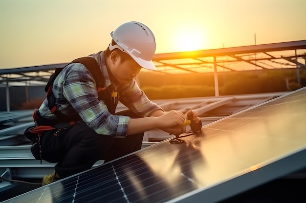 Um jovem engenheiro está verificando a operação de sol e limpeza no campo de painéis solares fotovoltaicos em um pôr do sol Conceito de energia renovável Generative Ai