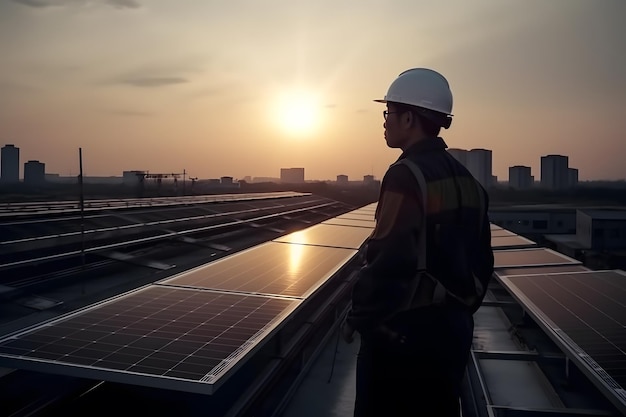 Um jovem engenheiro está verificando a operação de sol e limpeza no campo de painéis solares fotovoltaicos em um pôr do sol Conceito de energia renovável Generative Ai