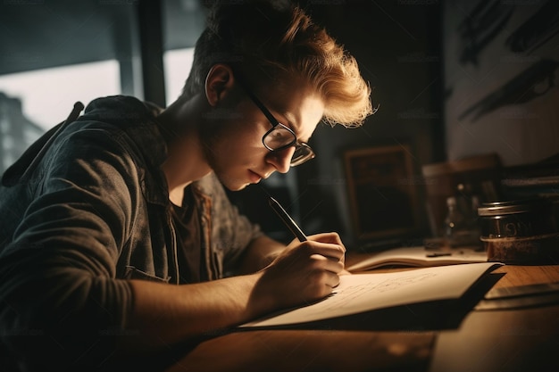 Um jovem escrevendo em um caderno.