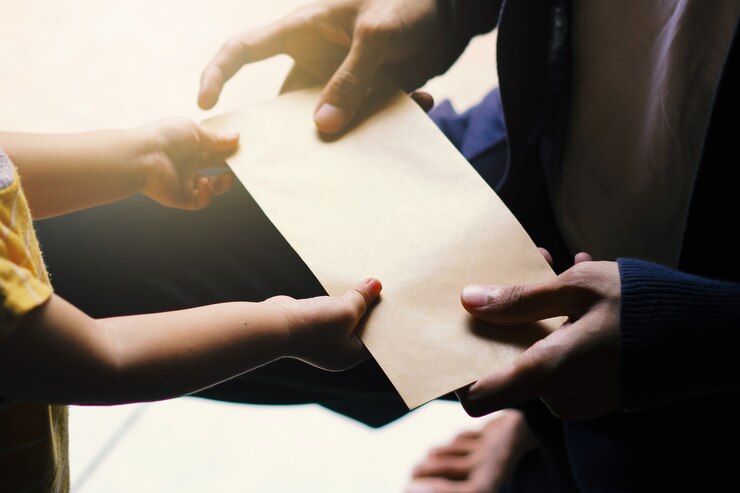 Foto um jovem está dando um envelope para uma menina