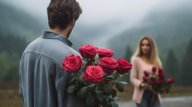 Um jovem está de pé segurando um buquê de rosas vermelhas e olha para uma jovem no fundo são montanhas com névoa fina