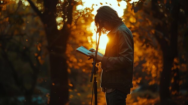 Foto um jovem está em uma floresta ensolarada lendo um livro de poesia ele está vestindo um casaco de couro castanho e jeans