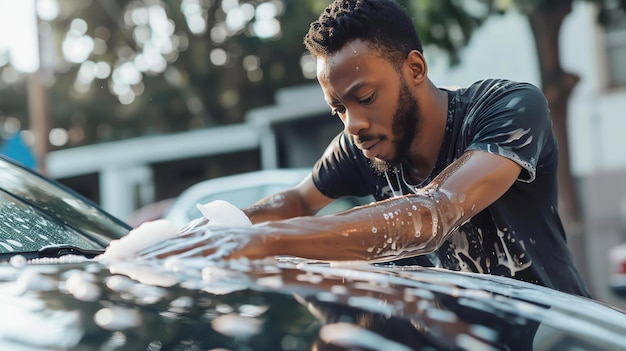 Um jovem está lavando seu carro com uma esponja e água com sabão. ele está concentrado na tarefa em mãos e em limpar o carro.