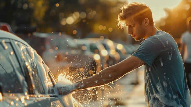 Um jovem está lavando seu carro com uma esponja e água com sabão O sol está brilhando e a água está salpicando o carro