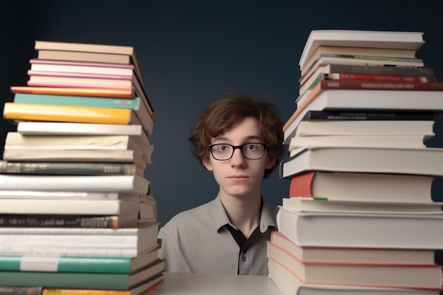 Um jovem está olhando para uma pilha de livros com a palavra a palavra na frente
