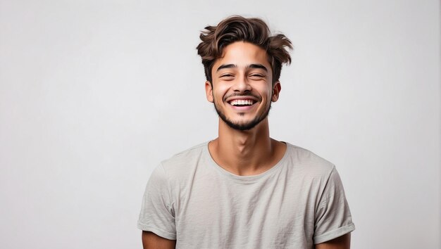 um jovem está se sentindo muito alegre isolado em fundo branco