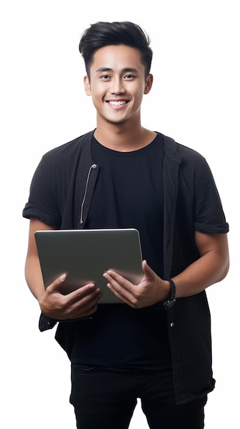 Um jovem está segurando um tablet e sorrindo.