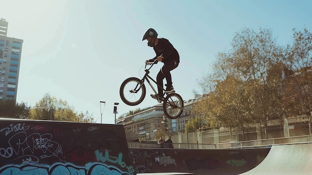 Um jovem está treinando em sua bicicleta BMX em um parque de skate da cidade ao ar livre mostrando suas habilidades e