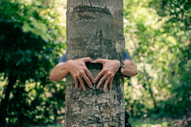 Foto um jovem estava abraçando uma grande árvore na floresta mostra que ele ama as árvores e está pronto para cuidar das árvores na floresta para continuar a crescer para ajudar a reduzir o aquecimento global