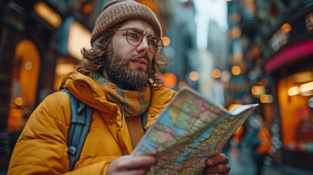 Foto um jovem estudante internacional barbudo em um lugar desconhecido está navegando em um mapa do sistema de transporte público