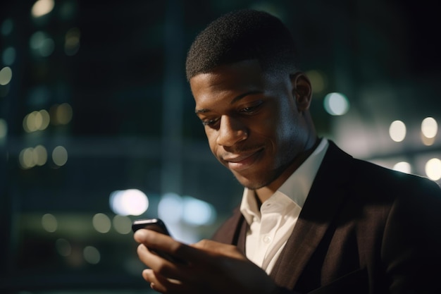 Um jovem executivo de negócios afro-americano usando telefone móvel com fundo de edifícios de escritórios modernos à noite Generative AI AIG18
