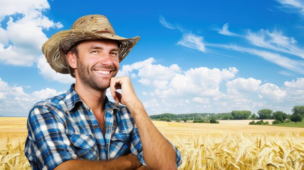 Um jovem fazendeiro sorridente num campo de trigo