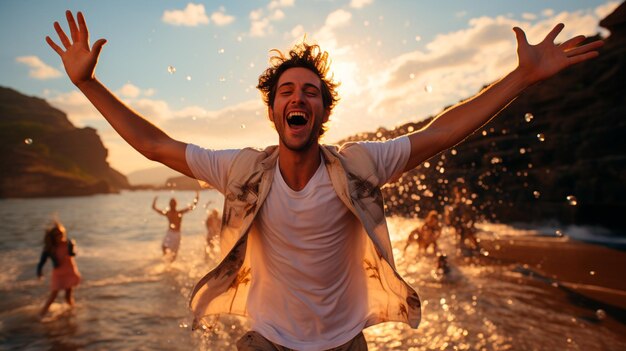 Foto um jovem feliz a saltar no ar na praia.