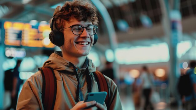 Um jovem feliz com um telemóvel e fones de ouvido no aeroporto