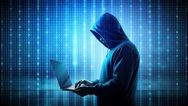 Um jovem hacker irrecognizável com capuz preto a usar um portátil.