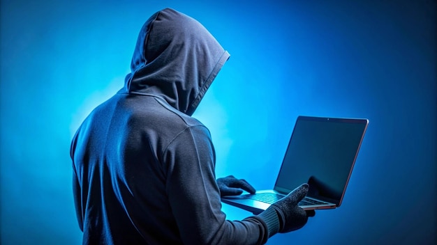 Um jovem hacker irrecognizável com capuz preto a usar um portátil.