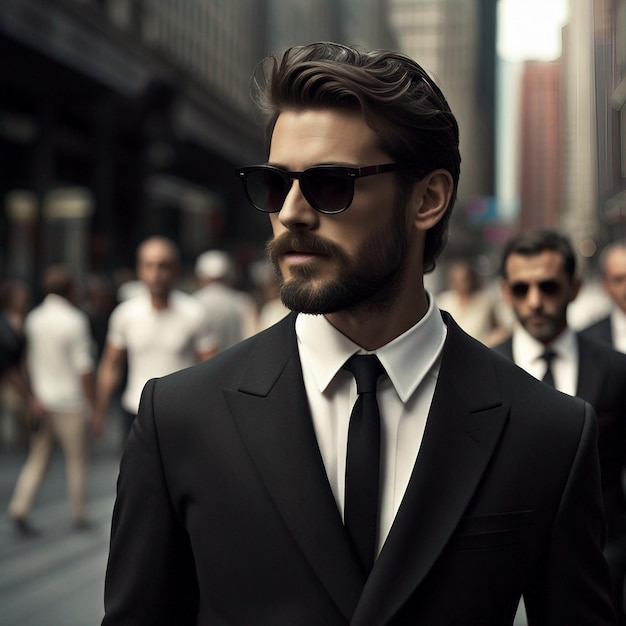 Um jovem hipster de terno preto, barba preta e óculos de sol posa modalmente