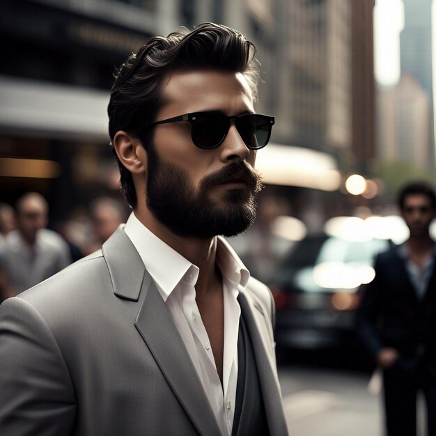 Um jovem hipster de terno preto, barba preta e óculos de sol posa modalmente